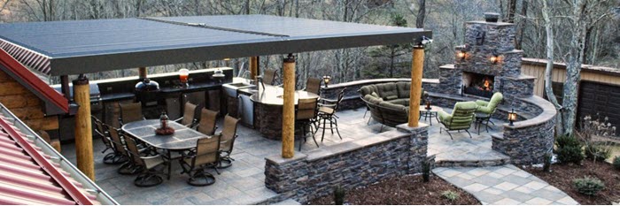 aluminum patio cover with a fire pit