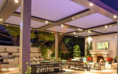 Outdoor Theater Pergola With a Louvered Roof